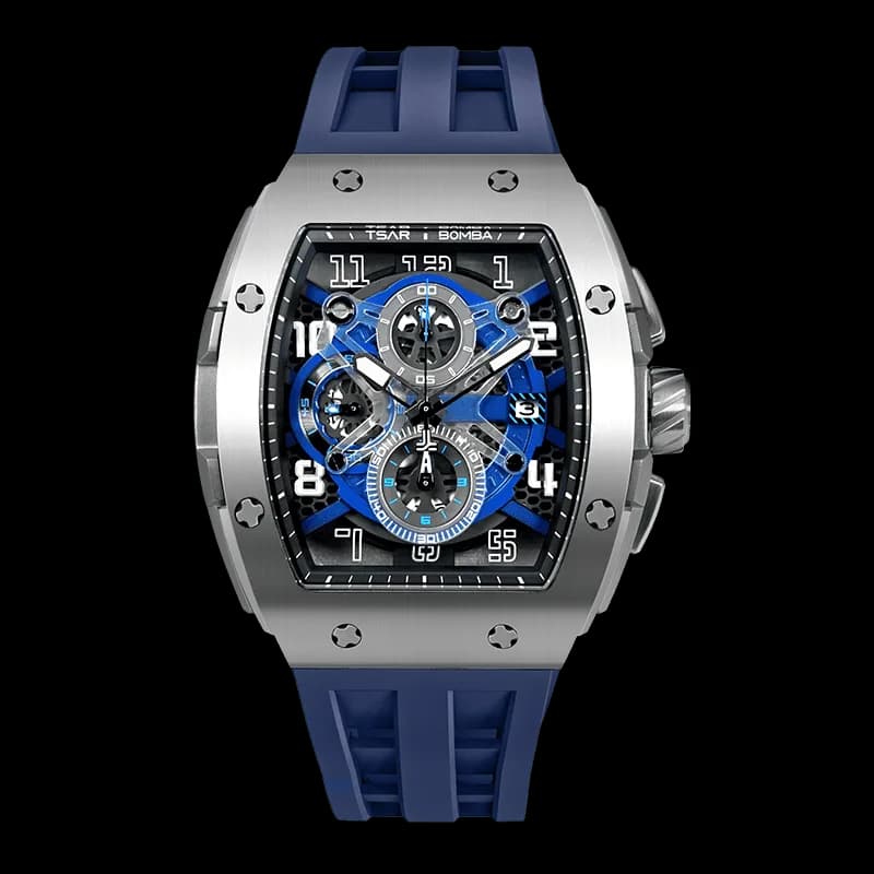 TSAR BOMBA Men's Luxury Quartz Chronograph Watch | Silver Blue | Tonneau Stainless Steel Case | Sapphire Glass | 50M Waterproof Sport Wristwatch | Elemental TB8211Q — photo 1 of 1