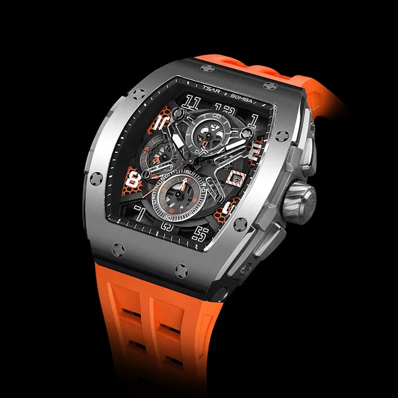 TSAR BOMBA Men's Luxury Quartz Chronograph Watch | Silver Orange | Tonneau Stainless Steel Case | Sapphire Glass | 50M Waterproof Sport Wristwatch | Elemental TB8211Q — photo 1 of 1