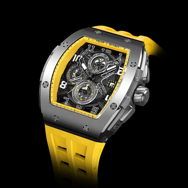 TSAR BOMBA Men's Luxury Quartz Chronograph Watch | Silver Yellow | Tonneau Stainless Steel Case | Sapphire Glass | 50M Waterproof Sport Wristwatch | Elemental TB8211Q — photo 1 of 1