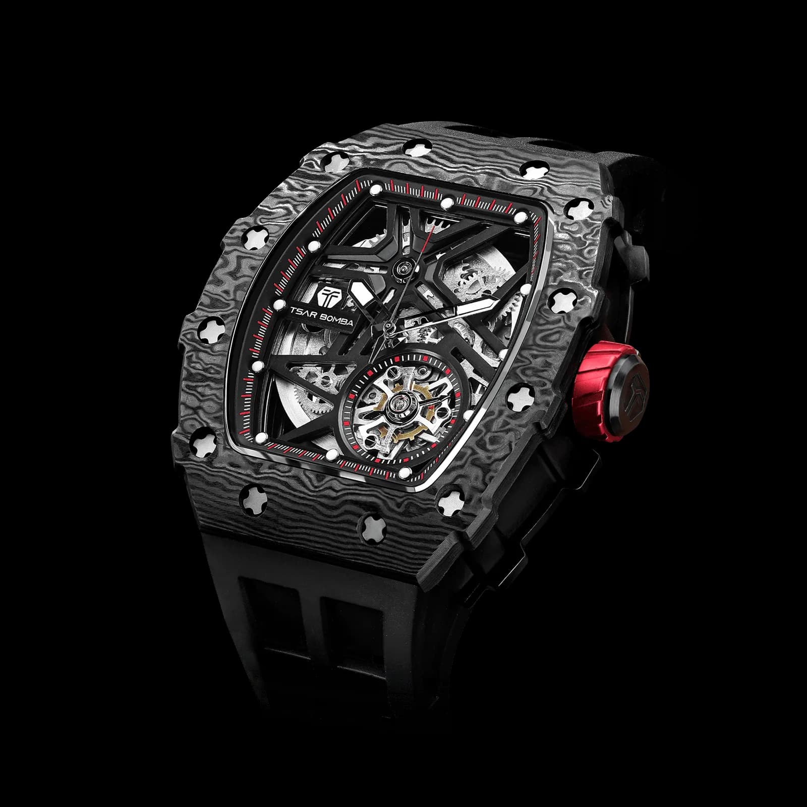 TSAR BOMBA Men's Luxury Tonneau Mechanical Sport Watch | Carbon Fiber Watch | Black | Elemental TB8209CF | Japanese Automatic Skeleton Movement | 10ATM Waterproof — photo 1 of 1