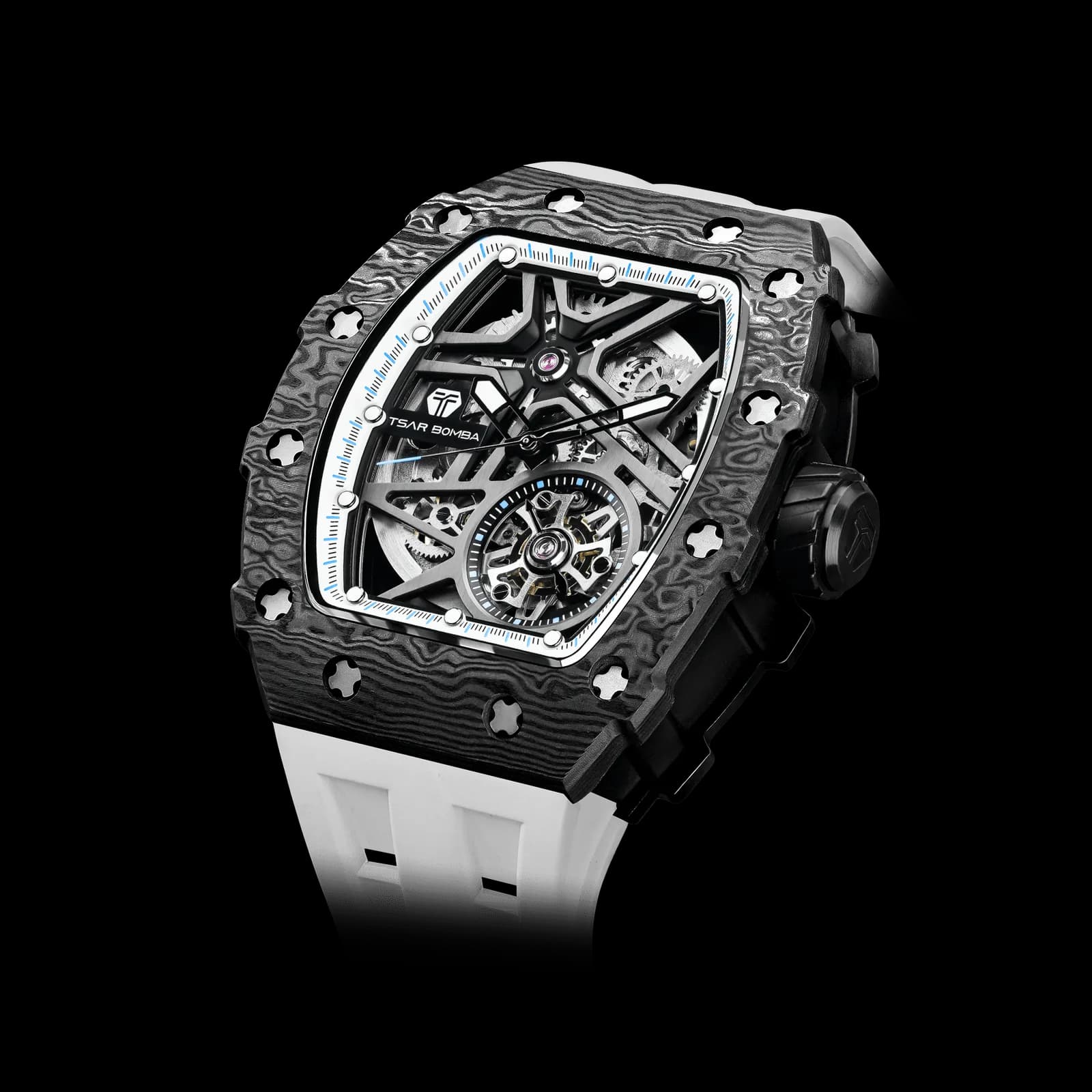 TSAR BOMBA Men's Luxury Tonneau Mechanical Sport Watch | Carbon Fiber Watch | Black White | Elemental TB8209CF | Japanese Automatic Skeleton Movement | 10ATM Waterproof — photo 1 of 1