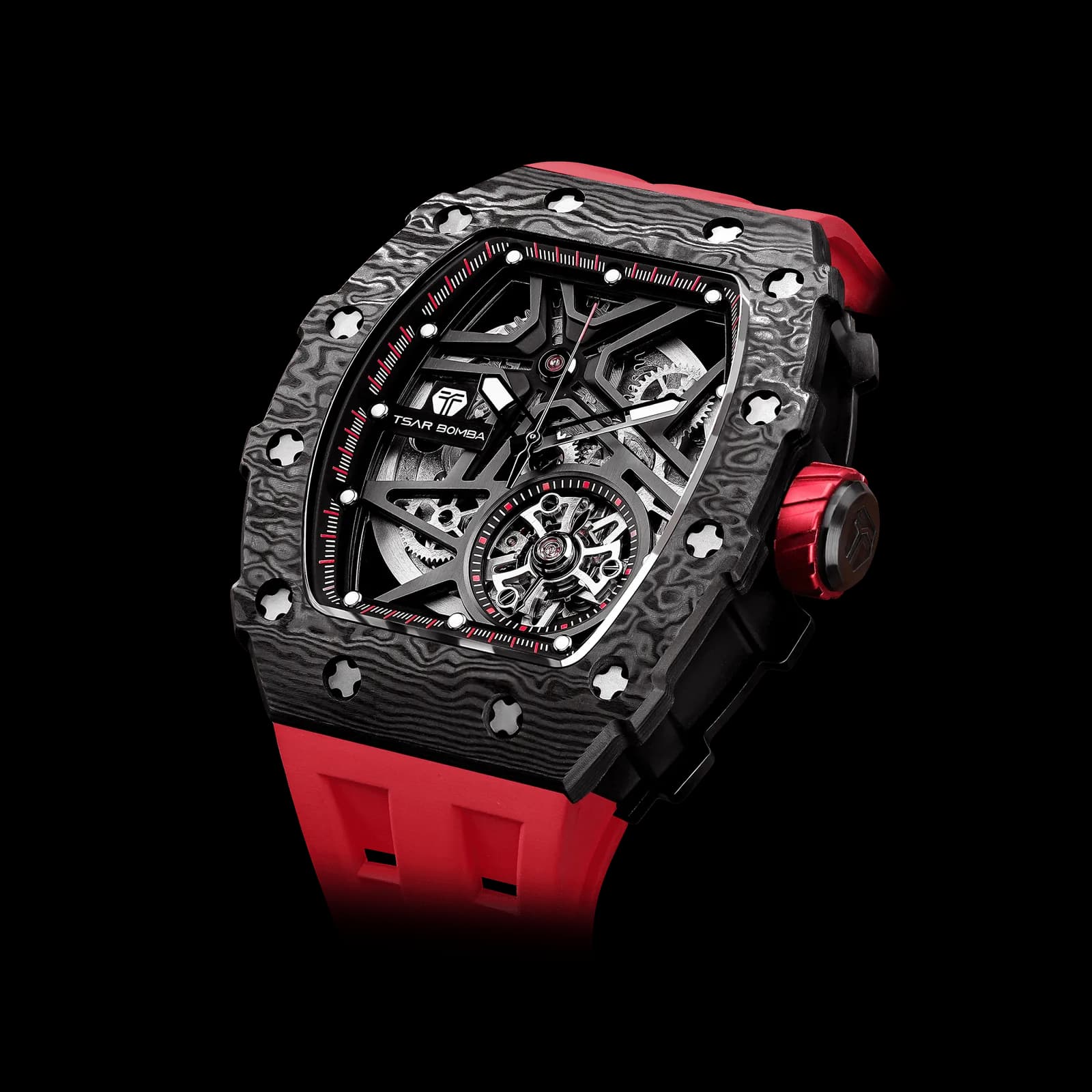 TSAR BOMBA Men's Luxury Tonneau Mechanical Sport Watch | Carbon Fiber Watch | Black Red | Elemental TB8209CF | Japanese Automatic Skeleton Movement | 10ATM Waterproof — photo 1 of 1