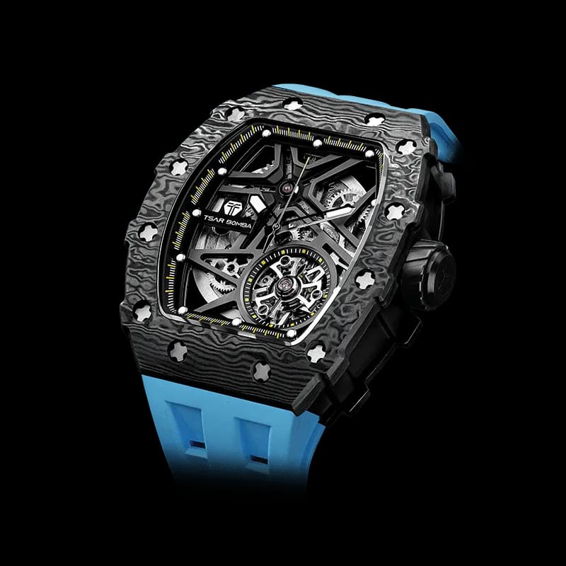 TSAR BOMBA Men's Luxury Tonneau Mechanical Sport Watch | Carbon Fiber Watch | Black Blue | Elemental TB8209CF | Japanese Automatic Skeleton Movement | 10ATM Waterproof — photo 1 of 1