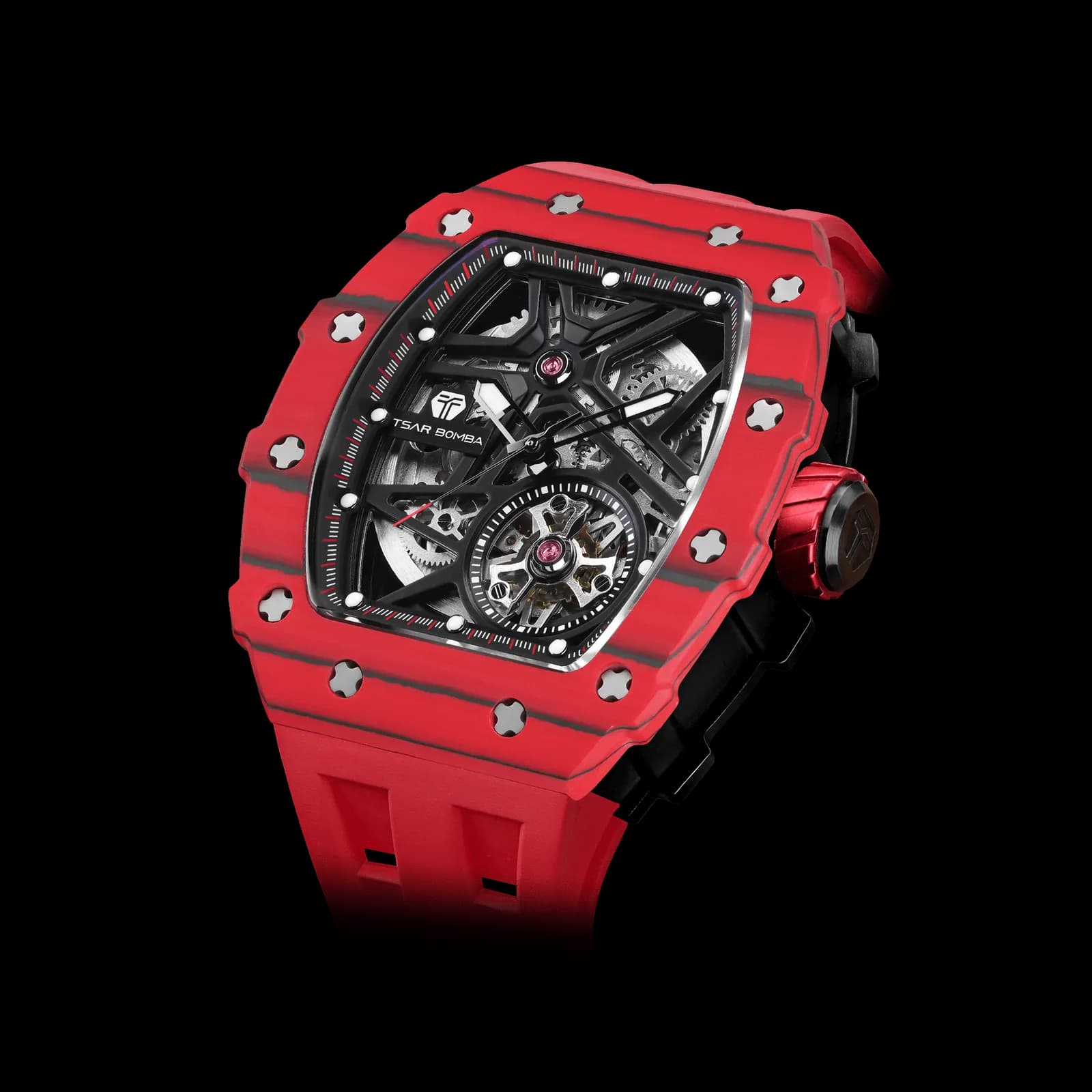 TSAR BOMBA Men's Luxury Tonneau Mechanical Sport Watch | Carbon Fiber Watch | Bull Red | Elemental TB8209CF | Japanese Automatic Skeleton Movement | 10ATM Waterproof — photo 1 of 1