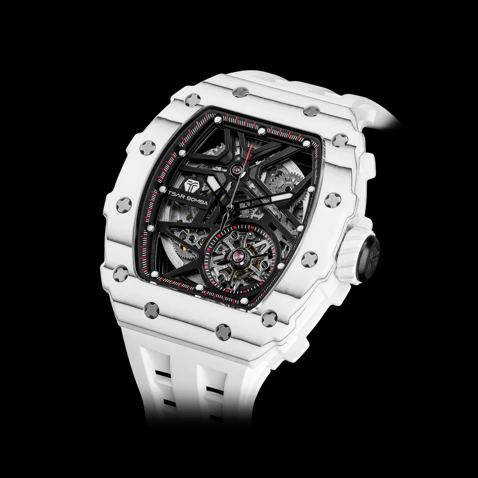 TSAR BOMBA Men's Luxury Tonneau Mechanical Sport Watch | Carbon Fiber Watch | White | Elemental TB8209CF | Japanese Automatic Skeleton Movement | 10ATM Waterproof — photo 1 of 1