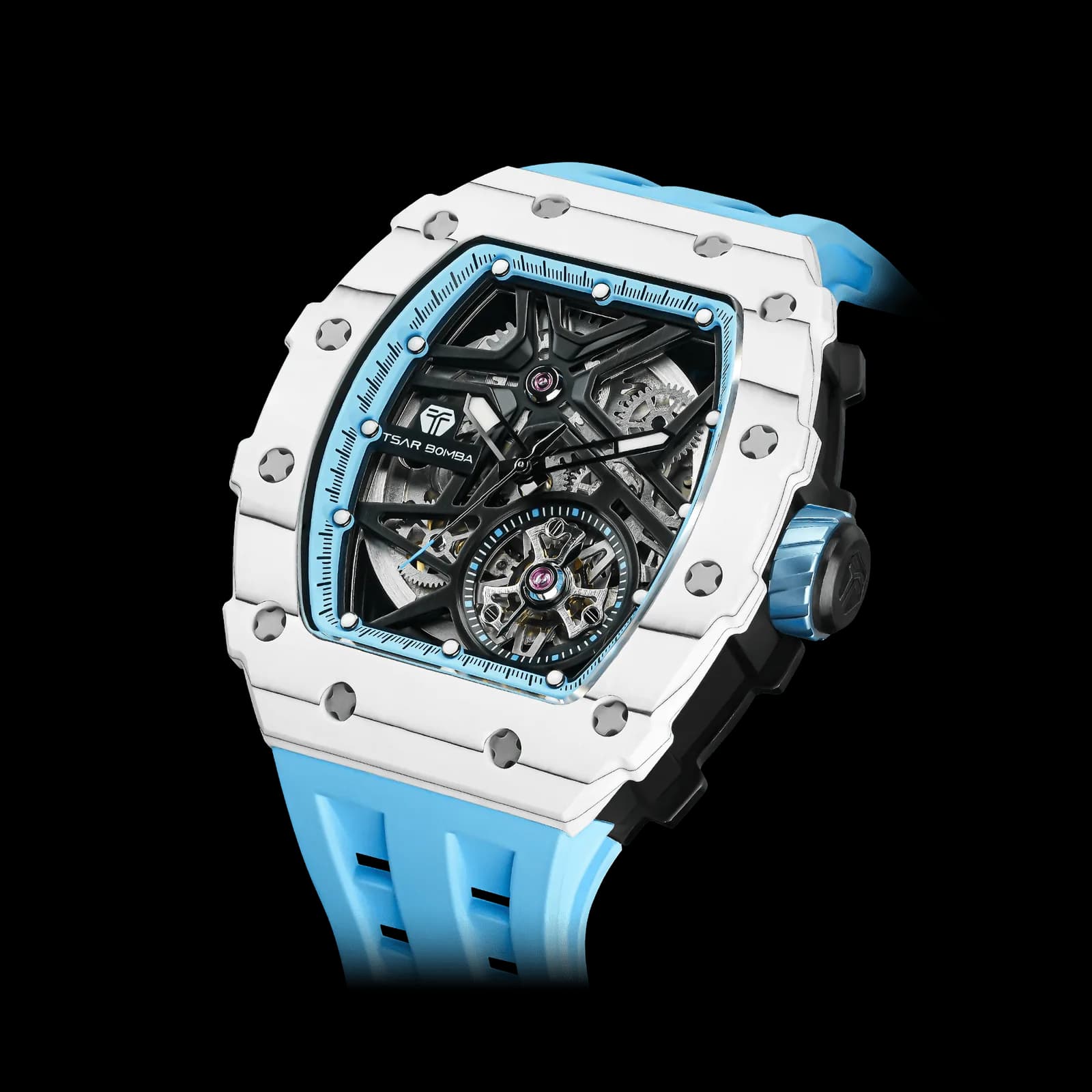 TSAR BOMBA Men's Luxury Tonneau Mechanical Sport Watch | Carbon Fiber Watch | White Blue | Elemental TB8209CF | Japanese Automatic Skeleton Movement | 10ATM Waterproof — photo 1 of 1