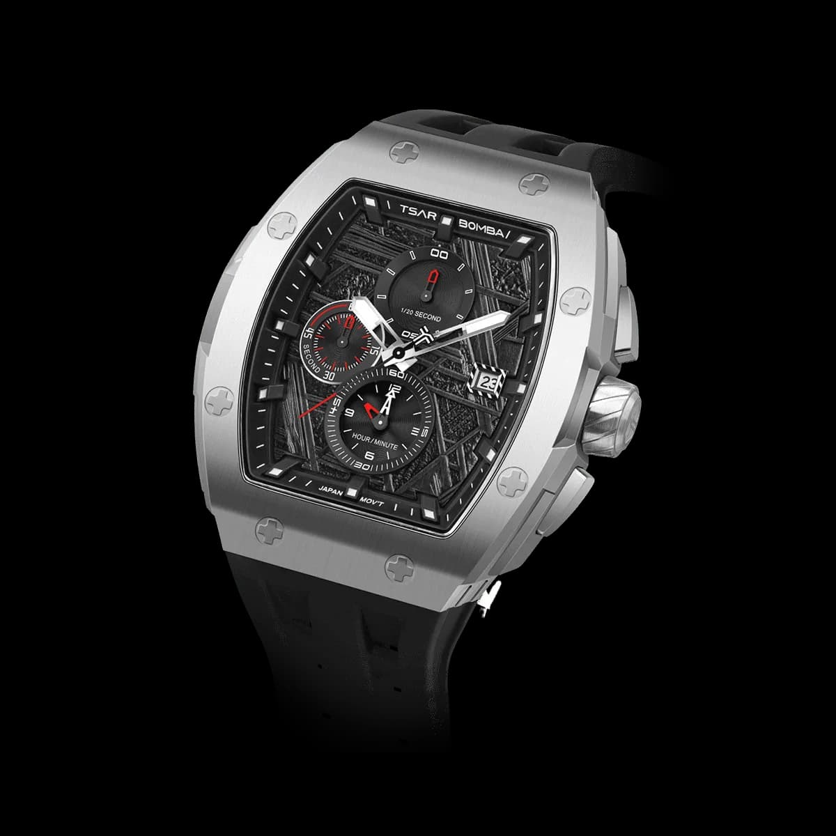 TSAR BOMBA Men's Quartz Chronograph Watch | Silver Black | Stainless Steel Bezel & Case, Tonneau Luxury Design, 316L Stainless Steel, Sapphire Crystal, 5ATM Waterproof — photo 1 of 1