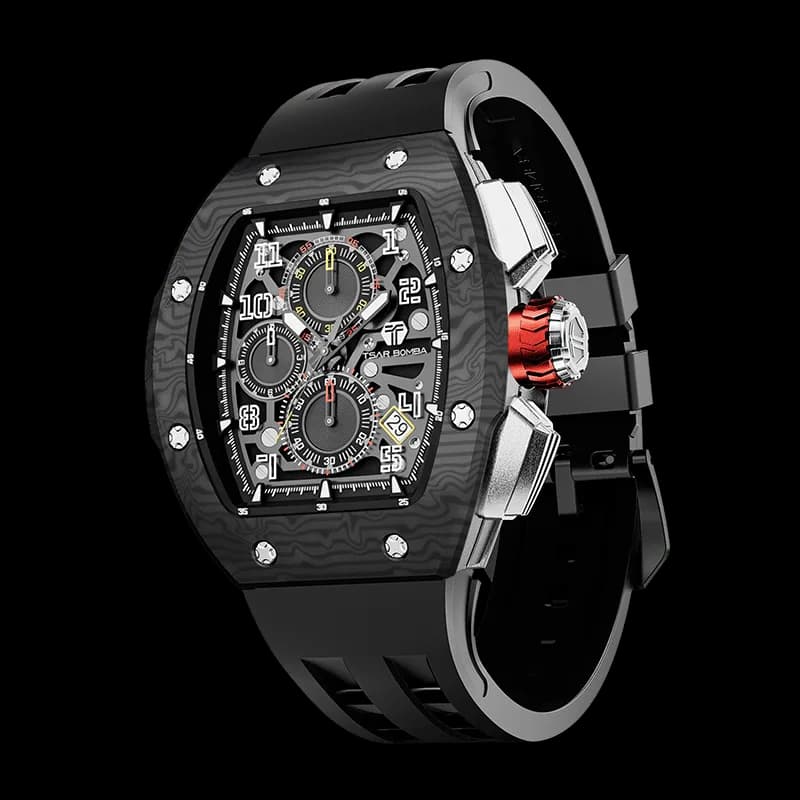 TSAR BOMBA Men's Quartz Watch | Black | Atomic TB8214 | Carbon Fiber Bezel | Luxury Sport Watch | 50M Waterproof Sapphire Glass FKM Rubber Strap — photo 1 of 1
