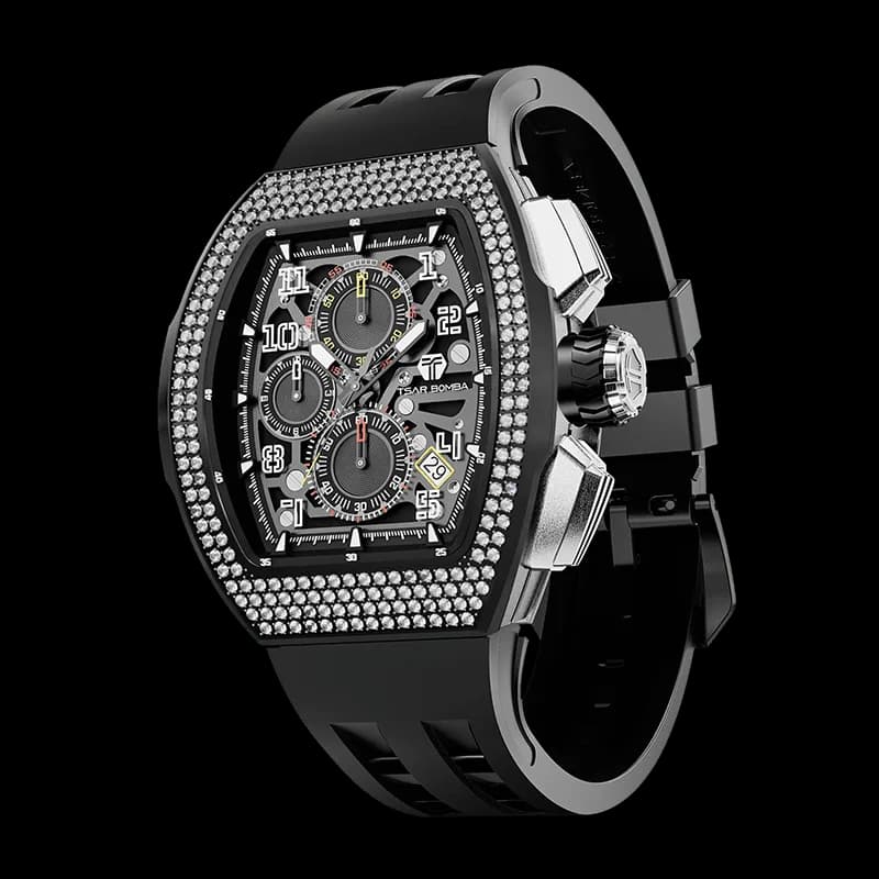 TSAR BOMBA Men's Quartz Watch | Black | Atomic TB8214 | Cubic Zirconia Bezel | Luxury Sport Watch | 50M Waterproof Sapphire Glass FKM Rubber Strap — photo 1 of 1