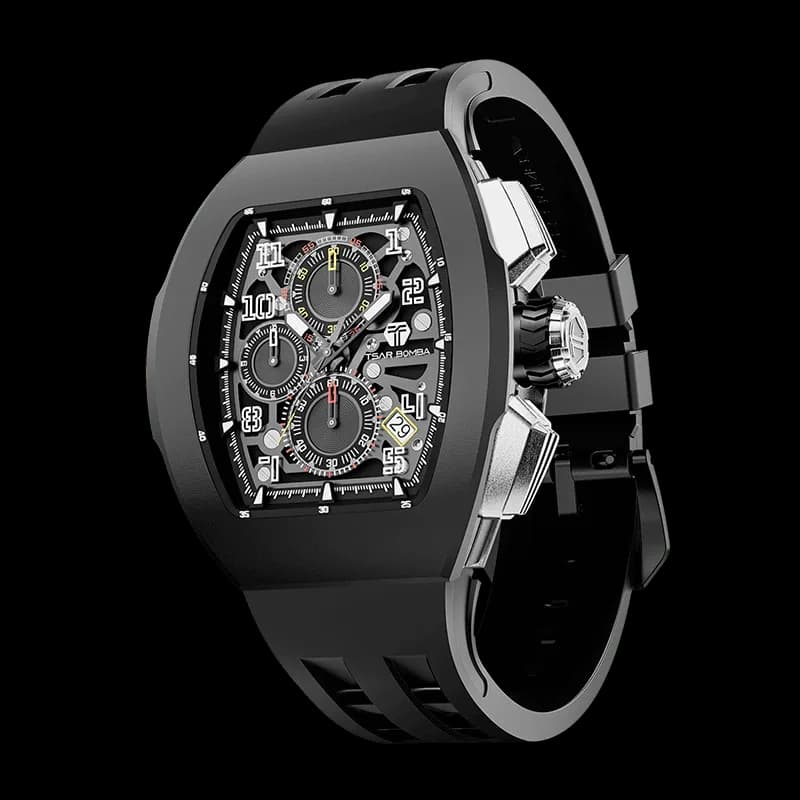 TSAR BOMBA Men's Quartz Watch | Black | Atomic TB8214 | Fluororubber Bezel | Luxury Sport Watch | 50M Waterproof Sapphire Glass FKM Rubber Strap — photo 1 of 1