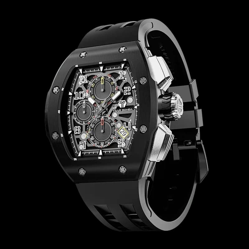 TSAR BOMBA Men's Quartz Watch | Black | Atomic TB8214 | Stanless Steel Bezel | Luxury Sport Watch | 50M Waterproof Sapphire Glass FKM Rubber Strap — photo 1 of 1