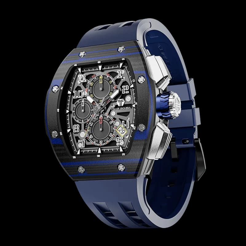 TSAR BOMBA Men's Quartz Watch | Blue | Atomic TB8214 | Carbon Fiber Bezel | Luxury Sport Watch | 50M Waterproof Sapphire Glass FKM Rubber Strap — photo 1 of 1