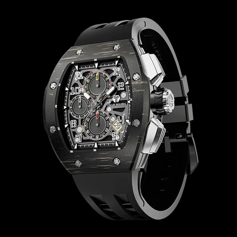 TSAR BOMBA Men's Quartz Watch | Gold | Atomic TB8214 | Carbon Fiber Bezel | Luxury Sport Watch | 50M Waterproof Sapphire Glass FKM Rubber Strap — photo 1 of 1