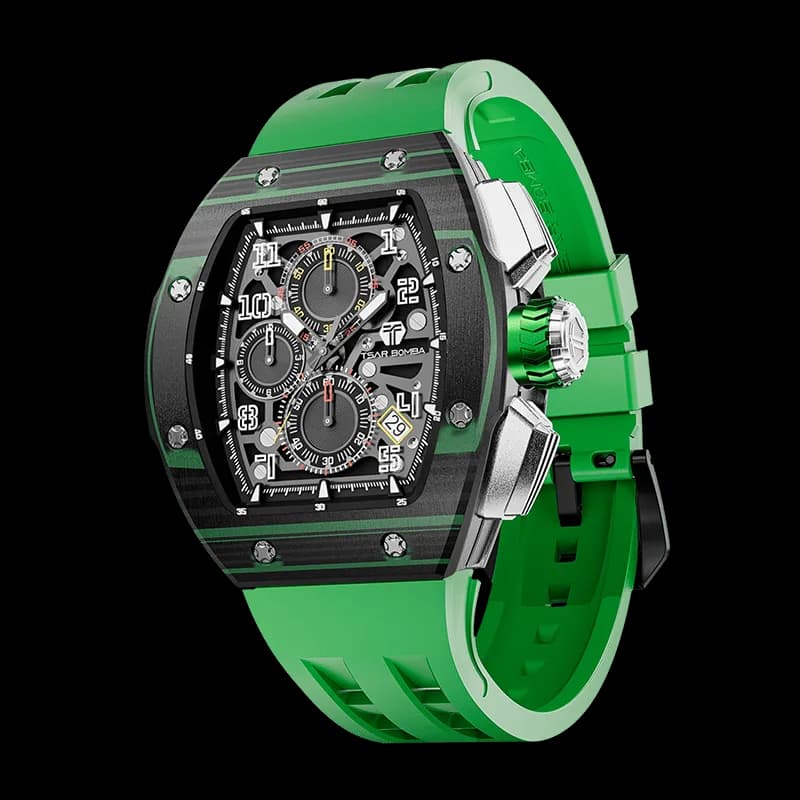 TSAR BOMBA Men's Quartz Watch | Green | Atomic TB8214 | Carbon Fiber Bezel | Luxury Sport Watch | 50M Waterproof Sapphire Glass FKM Rubber Strap — photo 1 of 1