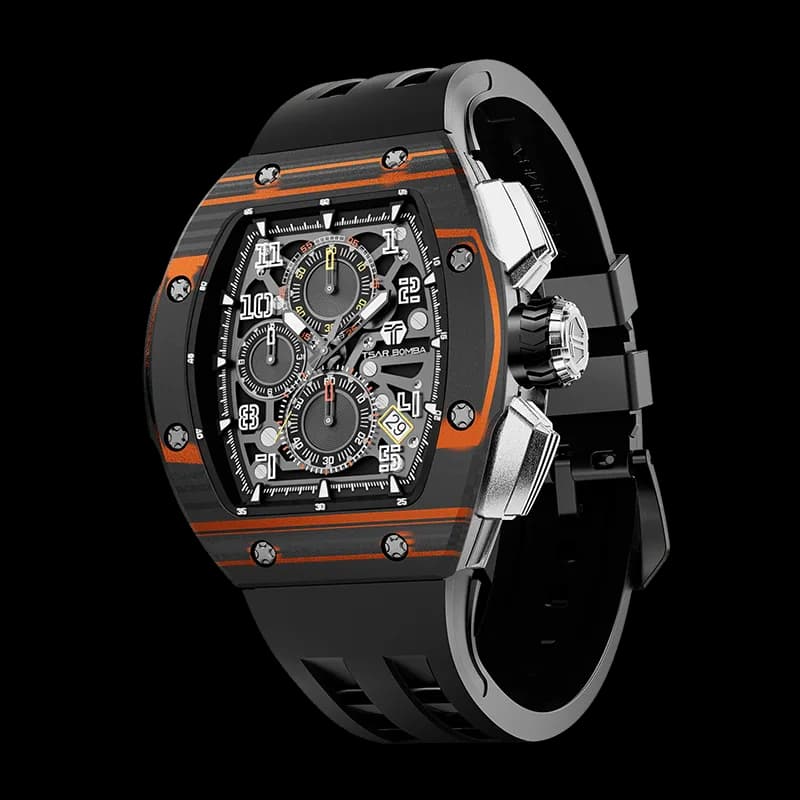 TSAR BOMBA Men's Quartz Watch | Orange | Atomic TB8214 | Carbon Fiber Bezel | Luxury Sport Watch | 50M Waterproof Sapphire Glass FKM Rubber Strap — photo 1 of 1