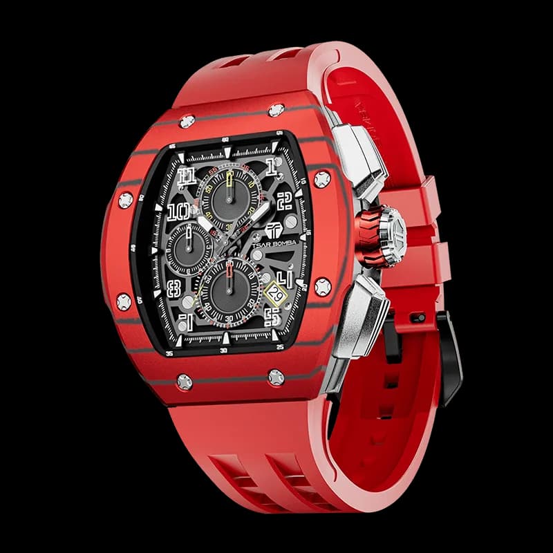 TSAR BOMBA Men's Quartz Watch | Red | Atomic TB8214 | Carbon Fiber Bezel | Luxury Sport Watch | 50M Waterproof Sapphire Glass FKM Rubber Strap — photo 1 of 1