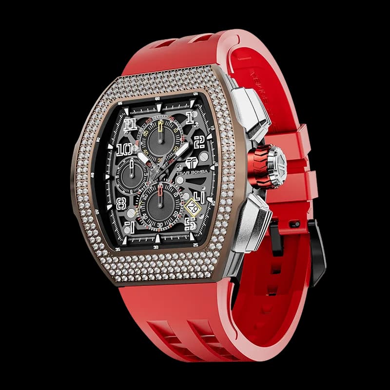 TSAR BOMBA Men's Quartz Watch | Red | Atomic TB8214 | Cubic Zirconia Bezel | Luxury Sport Watch | 50M Waterproof Sapphire Glass FKM Rubber Strap — photo 1 of 1