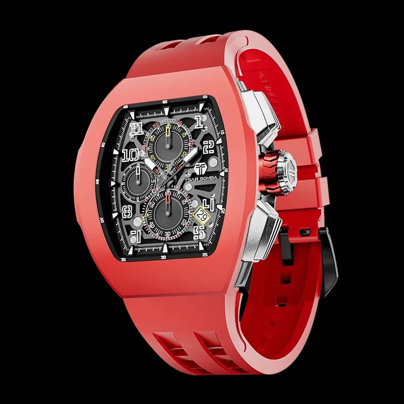 TSAR BOMBA Men's Quartz Watch | Red | Atomic TB8214 | Fluororubber Bezel | Luxury Sport Watch | 50M Waterproof Sapphire Glass FKM Rubber Strap — photo 1 of 1