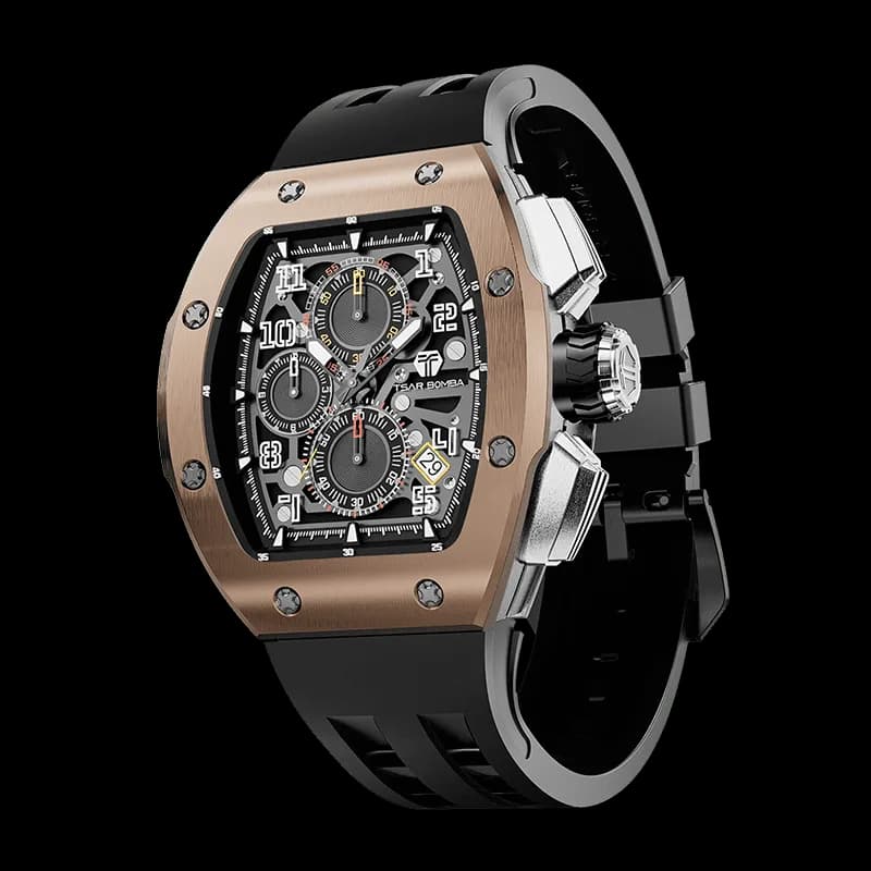 TSAR BOMBA Men's Quartz Watch | Rose Gold | Atomic TB8214 | Stanless Steel Bezel | Luxury Sport Watch | 50M Waterproof Sapphire Glass FKM Rubber Strap — photo 1 of 1