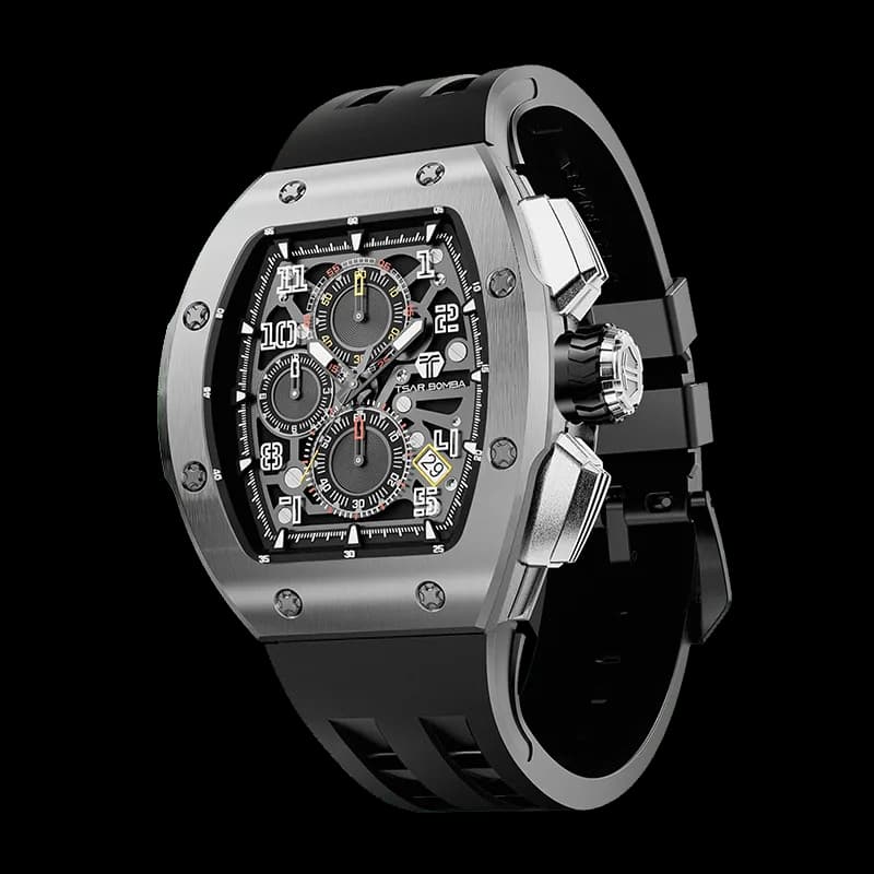 TSAR BOMBA Men's Quartz Watch | Silver | Atomic TB8214 | Stanless Steel Bezel | Luxury Sport Watch | 50M Waterproof Sapphire Glass FKM Rubber Strap — photo 1 of 1