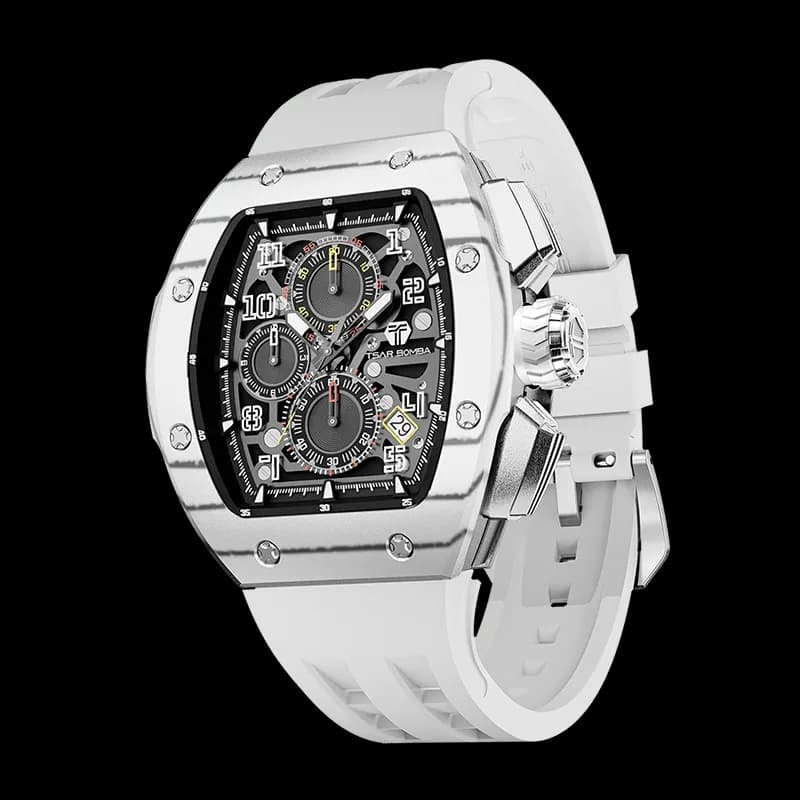TSAR BOMBA Men's Quartz Watch | White | Atomic TB8214 | Carbon Fiber Bezel | Luxury Sport Watch | 50M Waterproof Sapphire Glass FKM Rubber Strap — photo 1 of 1
