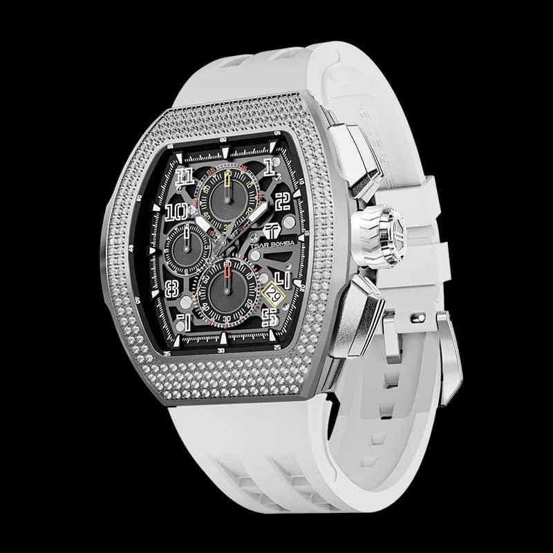 TSAR BOMBA Men's Quartz Watch | White | Atomic TB8214 | Cubic Zirconia Bezel | Luxury Sport Watch | 50M Waterproof Sapphire Glass FKM Rubber Strap — photo 1 of 1