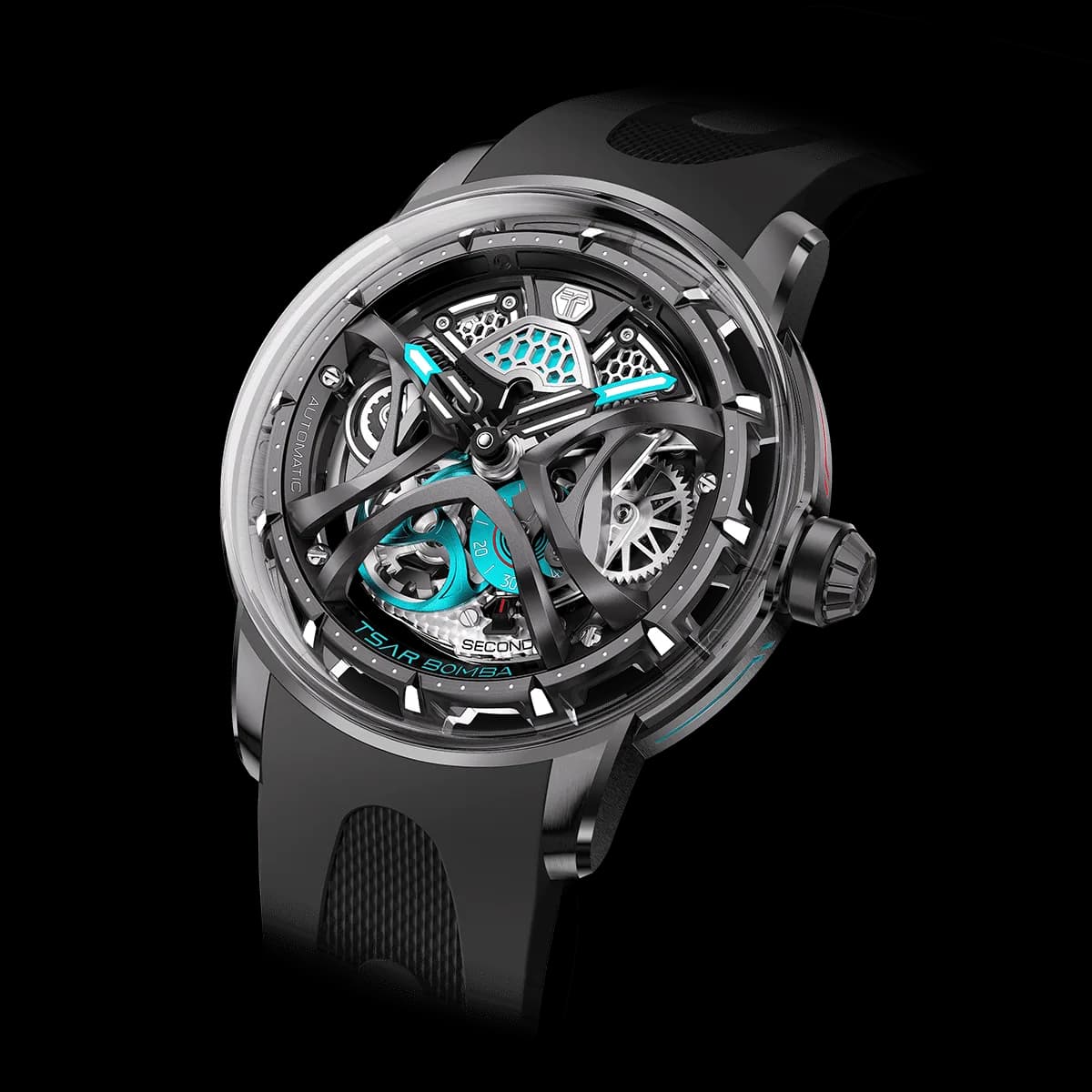 TSAR BOMBA Skunk Works Collection — A men's automatic mechanical watch that fuses trendy aesthetics with luxurious elegance. Featuring a round dial with a bold skeleton design, it is elevated by a domed sapphire crystal and equipped with a fluoroelastomer strap, all completed by perfect water resistance. — photo 1 of 1