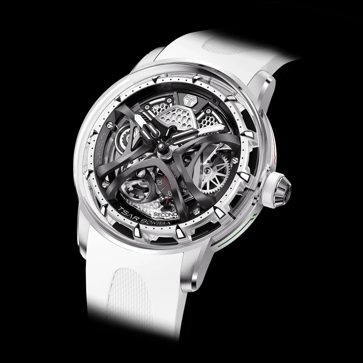 TSAR BOMBA Skunk Works Collection — A men's automatic mechanical watch that fuses trendy aesthetics with luxurious elegance. Featuring a round dial with a bold skeleton design, it is elevated by a domed sapphire crystal and equipped with a fluoroelastomer strap, all completed by perfect water resistance. — photo 1 of 1